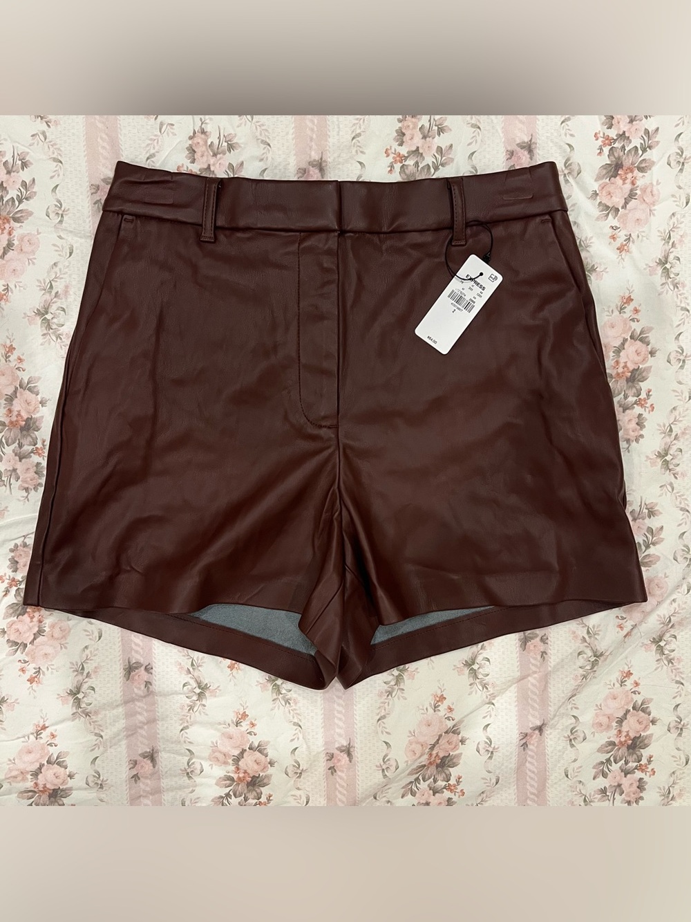 Express High-Waist Faux Leather Shorts — Burgundy/Brown